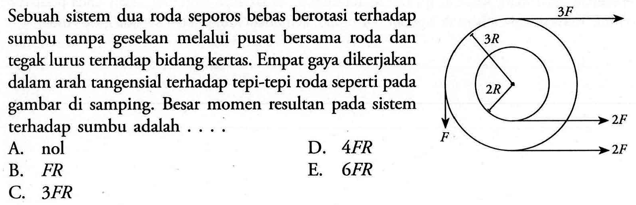 Sebuah sistem dua roda seporos bebas berotasi terhadap sumbu tanpa gesekan melalui pusat bersama roda dan tegak lurus terhadap bidang kertas. Empat gaya dikerjakan dalam arah tangensial terhadap tepi-tepi roda seperti pada gambar di samping. Besar momen resultan pada sistem terhadap sumbu adalah . ...3F3R2RF 2F2F