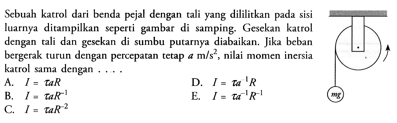 Sebuah katrol dari benda pejal dengan tali yang dililitkan pada sisi luarnya ditampilkan seperti gambar di samping. Gesekan katrol dengan tali dan gesekan di sumbu putarnya diabaikan. Jika beban bergerak turun dengan percepatan tetap  a m/s^2 , nilai momen inersia katrol sama dengan .....mg