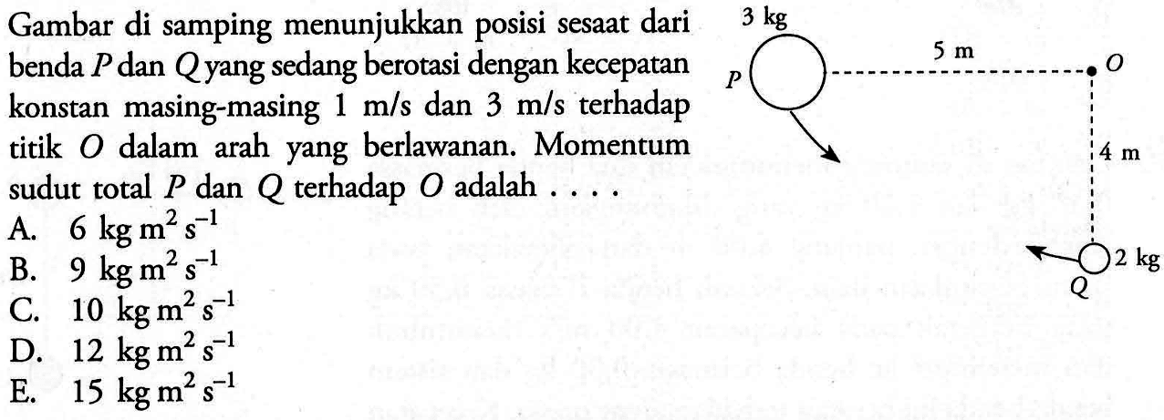 Gambar di samping menunjukkan posisi sesaat dari benda  P  dan  Q  yang sedang berotasi dengan kecepatan konstan masing-masing  1 m/s  dan  3 m/s  terhadap titik  O  dalam arah yang berlawanan. Momentum sudut total  P  dan  Q  terhadap  O  adalah  ... .3 kg 5 m P O 4 m 2 kg Q