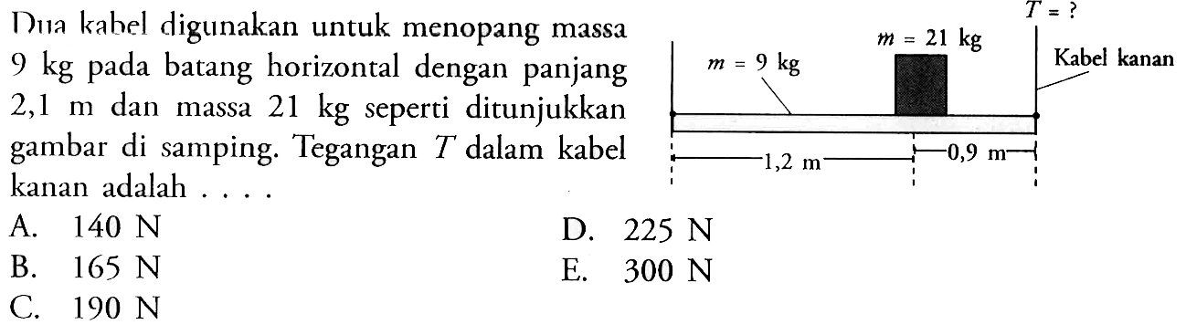 Dua kabel digunakan untuk menopang massa 9 kg pada batang horizontal dengan panjang 2,1 m dan massa 21 kg seperti ditunjukkan gambar di samping. Tegangan T dalam kabel kanan adalah . . . . T = ? m = 9 kg m = 21 kg Kabel kanan 1,2 m 0,9 m 