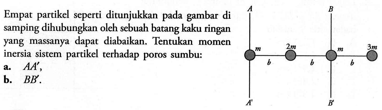 Empat partikel seperti ditunjukkan pada gambar di samping dihubungkan oleh sebuah batang kaku ringan yang massanya dapat diabaikan. Tentukan momen inersia sistem partikel terhadap poros sumbu: a. AA' , b. BB' .