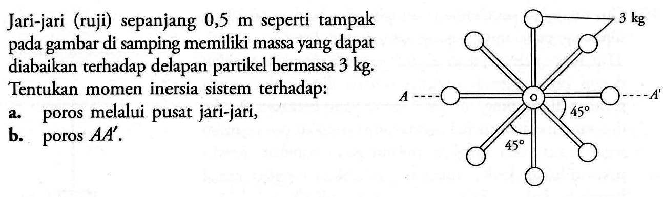 Jari-jari (ruji) sepanjang 0,5 m seperti tampak 3 kg di samping memiliki massa yang dapat diabaikan terhadap delapan bermassa 3 kg. Tentukan momen inersia sistem terhadap: a. poros melalui pusat jari-jari, b. poros AA'. 45 45 3 kg