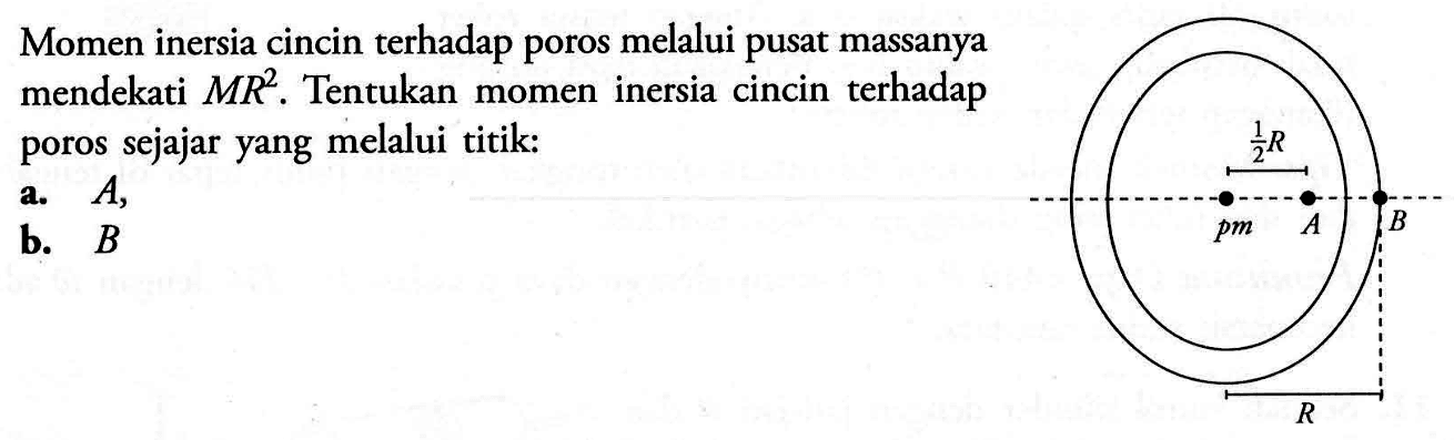 Momen inersia cincin terhadap poros melalui pusat massanya mendekati MR^2. Tentukan momen inersia cincin terhadap poros sejajar yang melalui titik: a. A, b. B