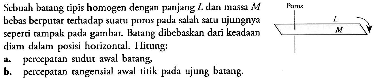 Sebuah batang tipis homogen dengan panjang L dan massa M bebas berputar terhadap suatu poros salah satu ujungnya seperti tampak pada gambar. Batang dibebaskan dari keadaan diam dalam horizontal. Hitung: a. percepatan sudut awal batang, b. percepatan tangensial awal titik pada ujung batang.