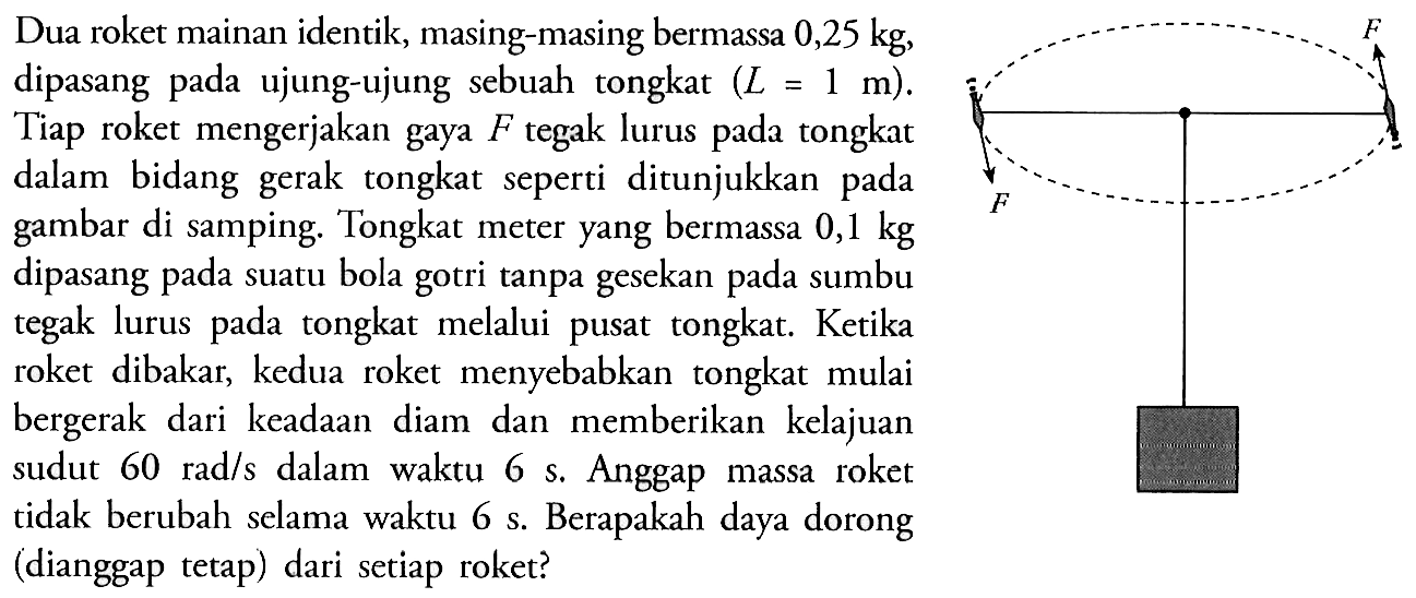 Dua roket mainan identik, masing-masing bermassa 0,25 kg, dipasang pada ujung-ujung sebuah tongkat (L=1 m). Tiap roket mengerjakan gaya F tegak lurus pada tongkat dalam bidang gerak tongkat seperti ditunjukkan pada gambar di samping. Tongkat meter yang bermassa 0,1 kg dipasang pada suatu bola gotri tanpa gesekan pada sumbu tegak lurus pada tongkat melalui pusat tongkat. Ketika roket dibakar, kedua roket menyebabkan tongkat mulai bergerak dari keadaan diam dan memberikan kelajuan sudut 60 rad / s dalam waktu 6 s. Anggap massa roket tidak berubah selama waktu 6 s. Berapakah daya dorong (dianggap tetap) dari setiap roket? F F