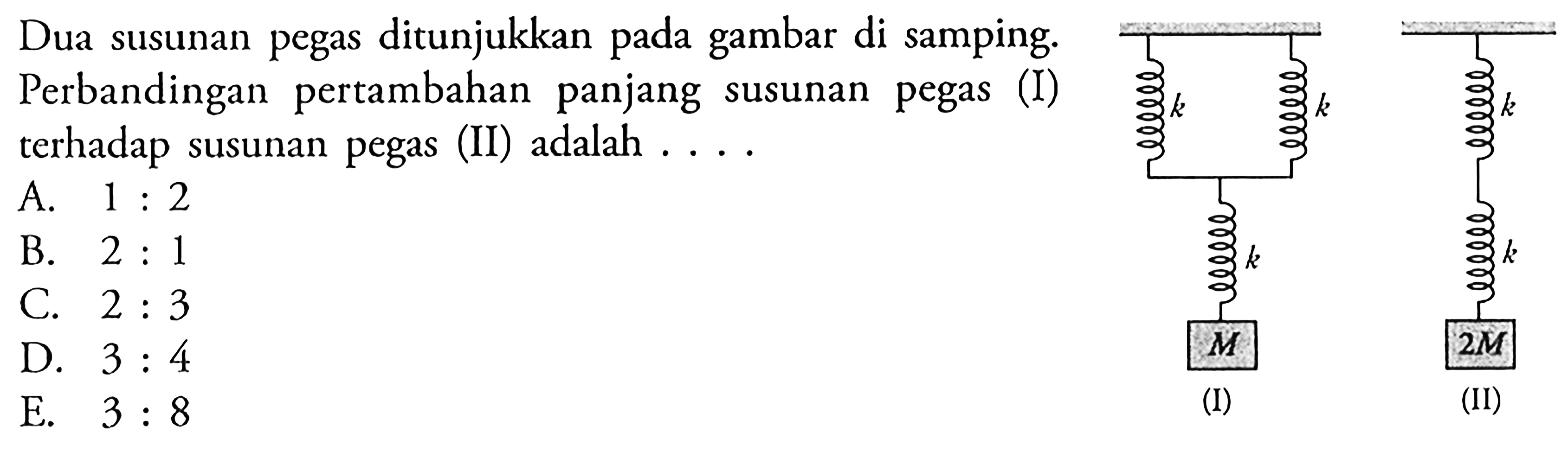 Dua susunan pegas ditunjukkan pada gambar di samping. Perbandingan pertambahan panjang susunan pegas (I) terhadap susunan pegas (II) adalah ... k k k M (I) k k 2M (II)