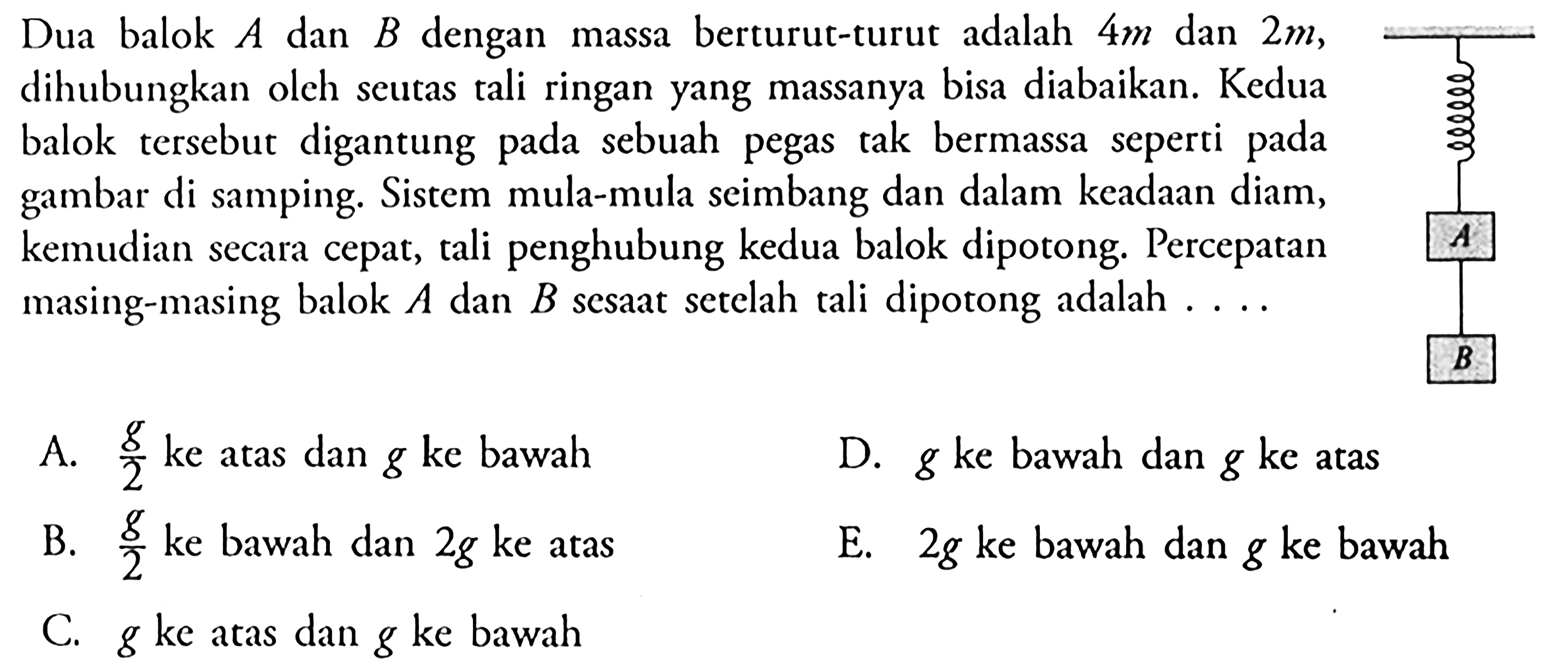 Dua balok A dan B dengan massa berturut-turut adalah 4m dan 2m, dihubungkan oleh seutas tali ringan yang massanya bisa diabaikan. Kedua balok tersebut digantung pada sebuah pegas tak bermassa seperti pada gambar di samping. Sistem mula-mula seimbang dan dalam keadaan diam, kemudian secara cepat, tali penghubung kedua balok dipotong. Percepatan masing-masing balok A dan B sesaat setelah tali dipotong adalah ...