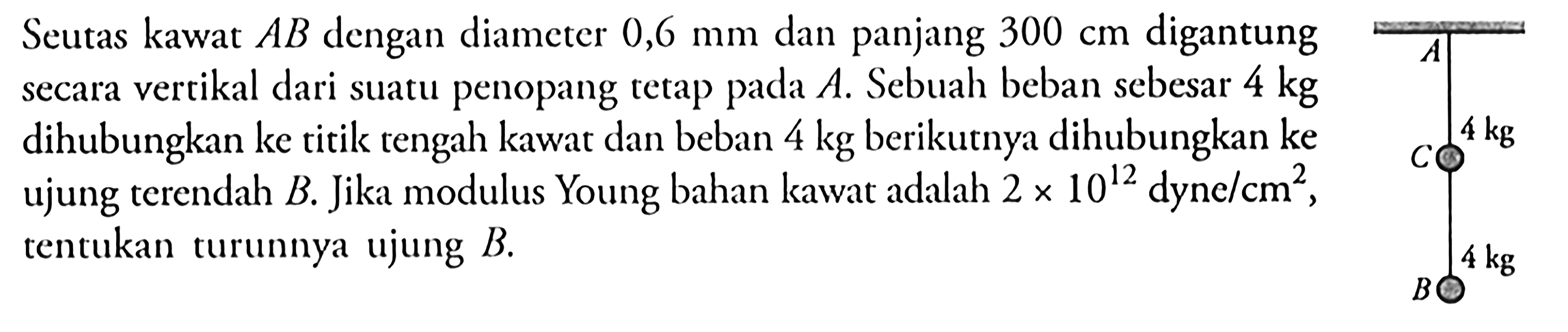 Seutas kawat  A B  dengan diameter  0,6 mm  dan panjang  300 cm  digantung secara vertikal dari suatu penopang tetap pada  A . Sebuah beban sebesar  4 kg  dihubungkan ke titik tengah kawat dan beban 4 kg berikutnya dihubungkan ke ujung terendah  B . Jika modulus Young bahan kawat adalah  2 x 10^12 dyne/cm^2 , tentukan turunnya ujung  B .AC 4 kgB 4 kg