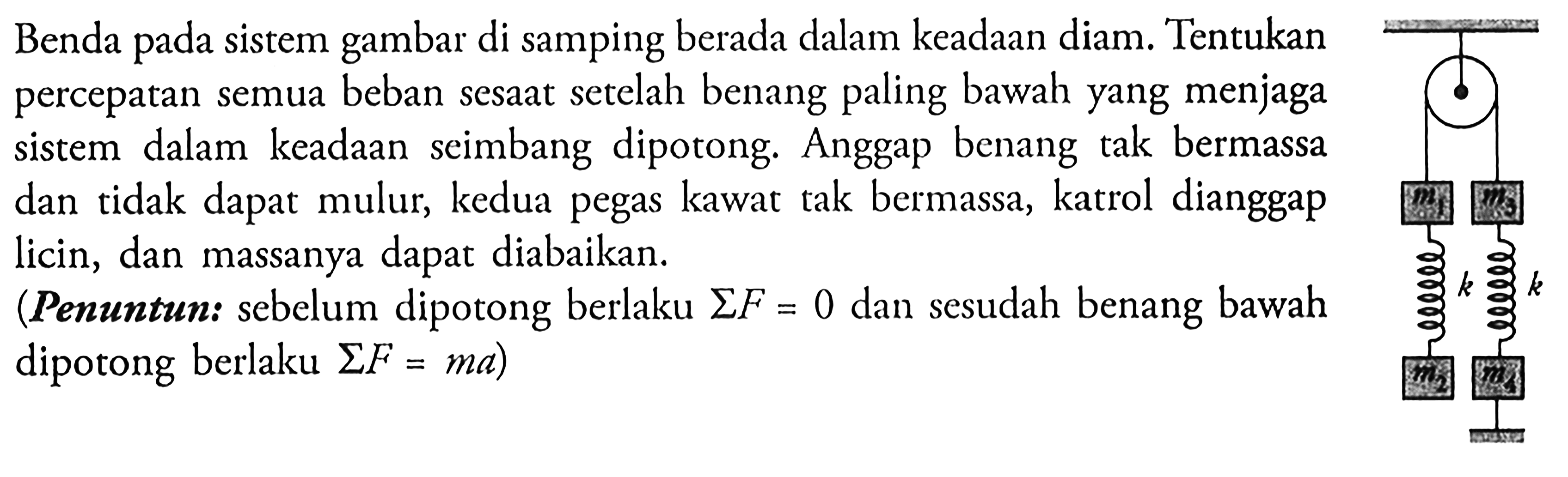 Benda pada sistem gambar di samping berada dalam keadaan diam. Tentukan percepatan semua beban sesaat setelah benang paling bawah yang menjaga sistem dalam keadaan seimbang dipotong. Anggap benang tak bermassa dan tidak dapat mulur, kedua pegas kawat tak bermassa, katrol dianggap licin, dan massanya dapat diabaikan.(Penuntun: sebelum dipotong berlaku Sigma F=0  dan sesudah benang bawah dipotong berlaku Sigma F=ma)m1 m3k km2 m4