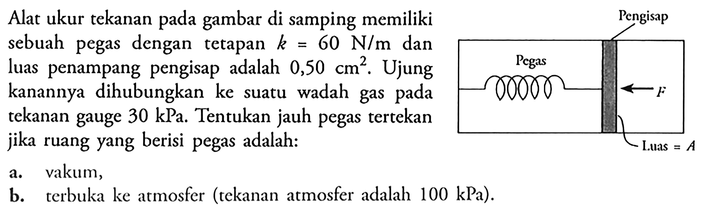 Alat ukur tekanan pada gambar di samping memiliki sebuah pegas dengan tetapan k=60 N/m dan luas penampang pengisap adalah 0,50 cm^2. Ujung kanannya dihubungkan ke suatu wadah gas pada tekanan gauge 30 kPa. Tentukan jauh pegas tertekan jika ruang yang berisi pegas adalah:a. vakum, b. terbuka ke atmosfer (tekanan atmosfer adalah 100 kPa). Pegas Pengisap F Luas = A 