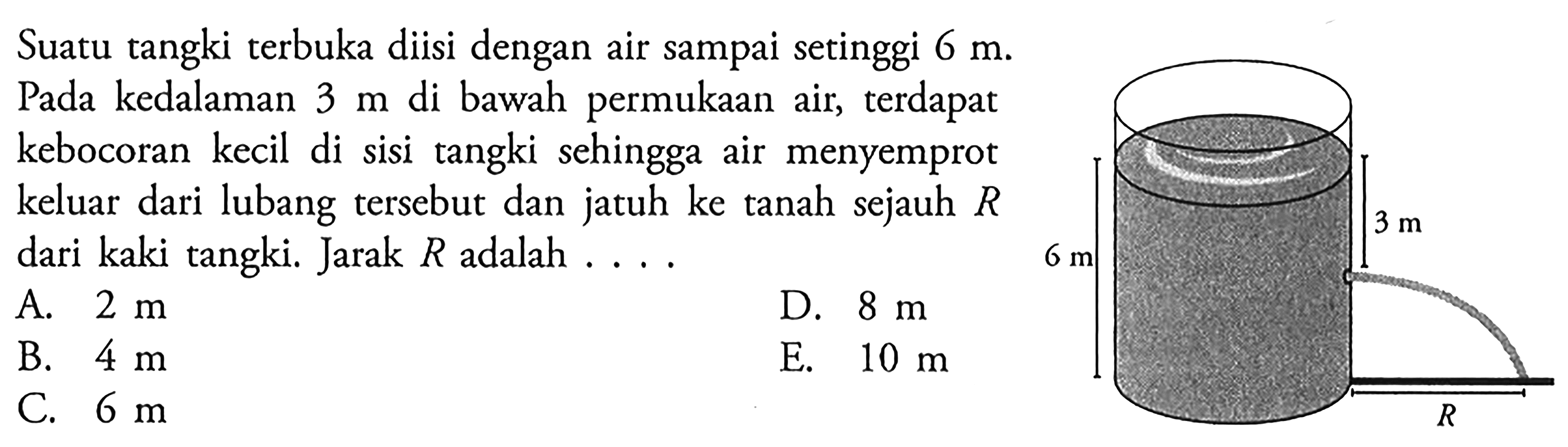 Suatu tangki terbuka diisi dengan air sampai setinggi 6 m Pada kedalaman 3 m di bawah permukaan air, terdapat kebocoran kecil di sisi tangki sehingga air menyemprot keluar dari lubang tersebut dan jatuh ke tanah sejauh R dari kaki tangki. Jarak R adalah
