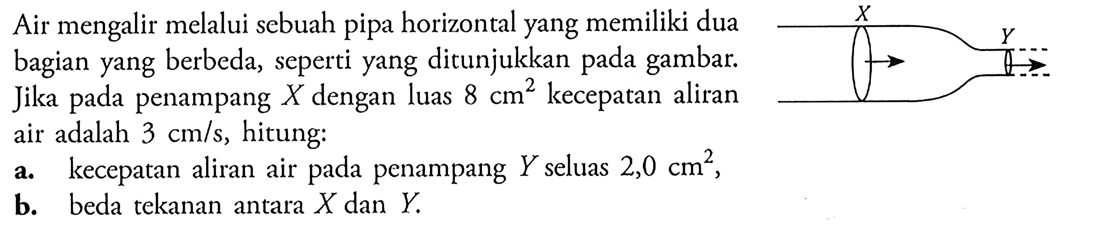 Air mengalir melalui sebuah pipa horizontal yang memiliki dua bagian yang berbeda, seperti yang ditunjukkan pada gambar. Jika pada penampang  X  dengan luas 8 cm^2 kecepatan aliran air adalah 3 cm/s, hitung: a. kecepatan aliran air pada penampang Y seluas 2,0 cm^2, b. beda tekanan antara X dan Y. X Y