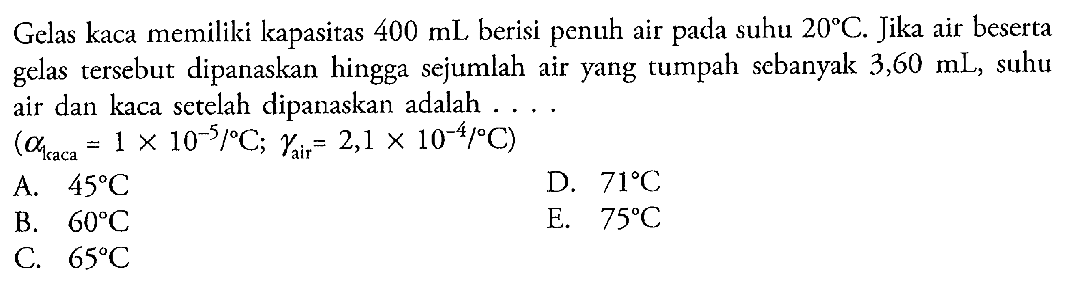 Gelas kaca memiliki kapasitas 400 mL berisi penuh air pada suhu 20 C. Jika air beserta gelas tersebut dipanaskan hingga sejumlah air yang tumpah sebanyak 3,60 mL, suhu air dan kaca setelah dipanaskan adalah . . . . (alfa laca = 1 x 10^(-5)/ C; gamma air 2,1 x 10^(-4)/ C)