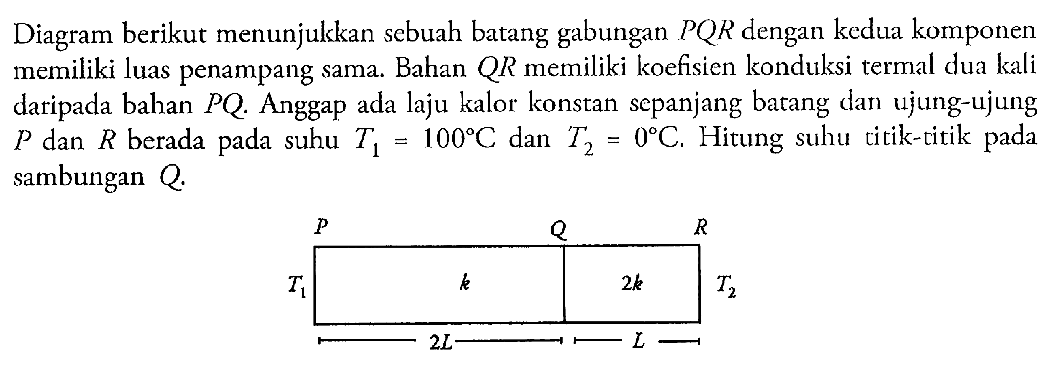 Diagram berikut menunjukkan sebuah batang gabungan PQR dengan kedua komponen memiliki luas penampang sama. Bahan QR memiliki koefisien termal dua kali daripada bahan PQ. Anggap ada laju kalor konstan sepanjang batang dan ujung-ujung P dan R berada pada suhu T1 = 100 C dan T2 = 0 C. Hitung suhu titik-titik pada sambungan Q. k 2k 2L L