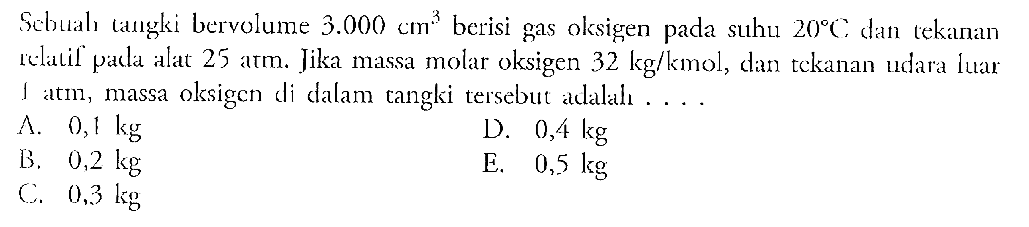 Sebuah tangki bervolume 3.000 cm^3 berisi gas oksigen pada suhu 20 C dan tekanan relalil alat 25 atm. Jika massa molar oksigen 32 kg/kmol, dan tekanan udara luar 1 atm, massa oksigen di dalam tangki tersebut adalal