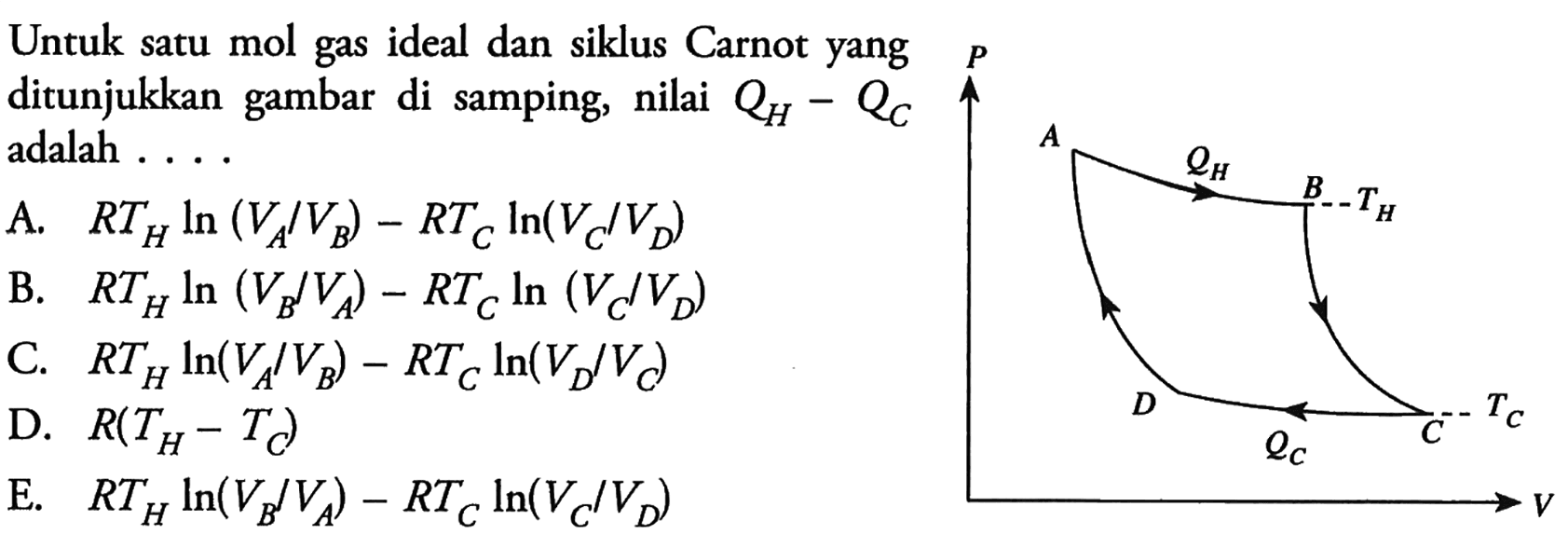 Untuk satu mol gas ideal dan siklus Carnot yang ditunjukkan gambar di samping, nilai  QH-QC  adalah ....P A QH B TH D QC C TC V