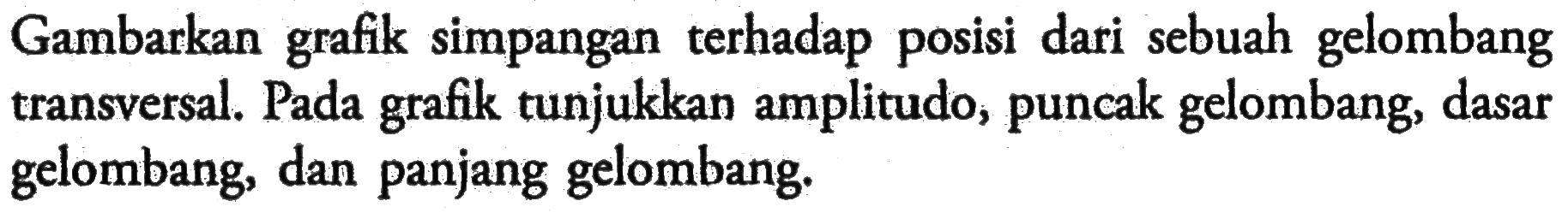 Gambarkan grafik simpangan terhadap posisi dari sebuah gelombang transversal. Pada grafik tunjukkan amplitudo, puncak gelombang, dasar gelombang, dan panjang gelombang.