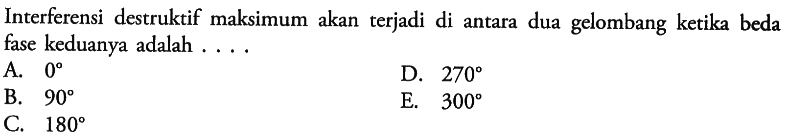 Interferensi destruktif maksimum akan terjadi di antara dua gelombang ketika beda fase keduanya adalah....