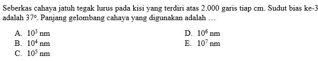 Seberkas cahaya jatuh tegak lurus pada kisi yang terdiri atas 2.000 garis tiap cm. Sudut bias ke-3 adalah 37. Panjang gelombang cahaya yang digunakan adalah... 