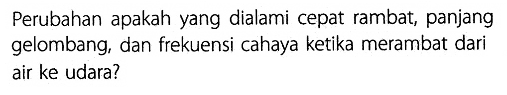 Perubahan apakah yang dialami cepat rambat, panjang gelombang, dan frekuensi cahaya ketika merambat dari air ke udara?