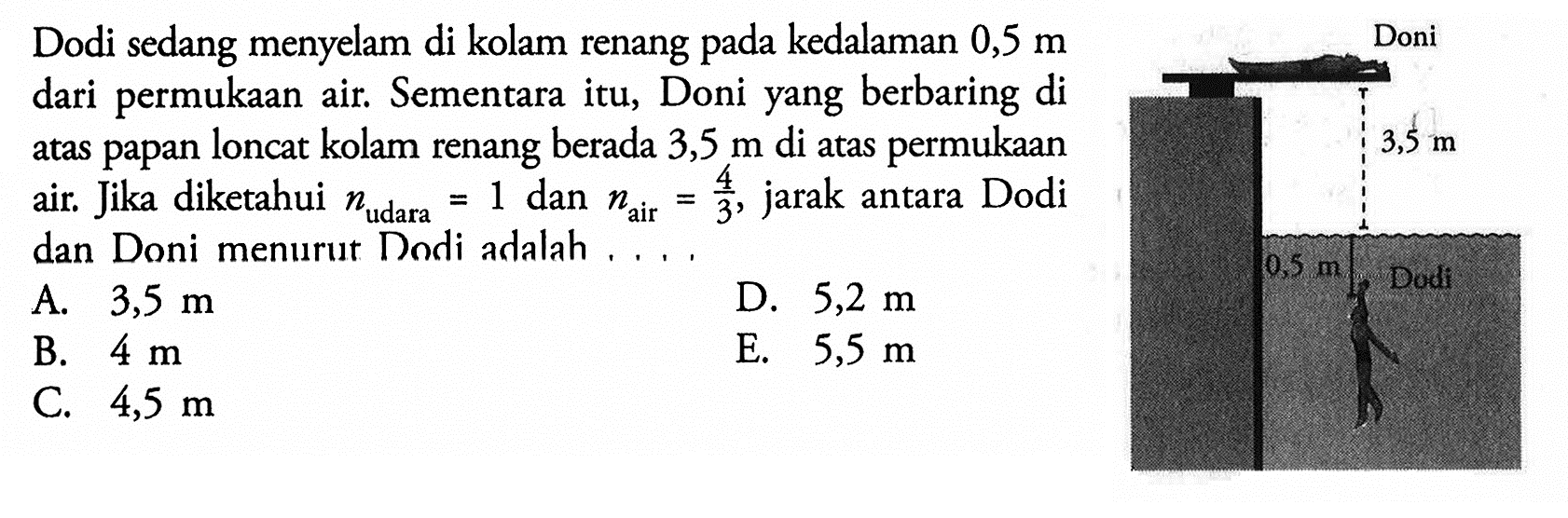 Dodi sedang menyelam di kolam renang pada kedalaman  0,5 m  dari permukaan air. Sementara itu, Doni yang berbaring di atas papan loncat kolam renang berada  3,5 m  di atas permukaan air. Jika diketahui  n udara =1 dan n air =4/3 , jarak antara Dodi dan Doni menurut Dodi adalah ....Doni 3,5 m 0,5 m Dodi