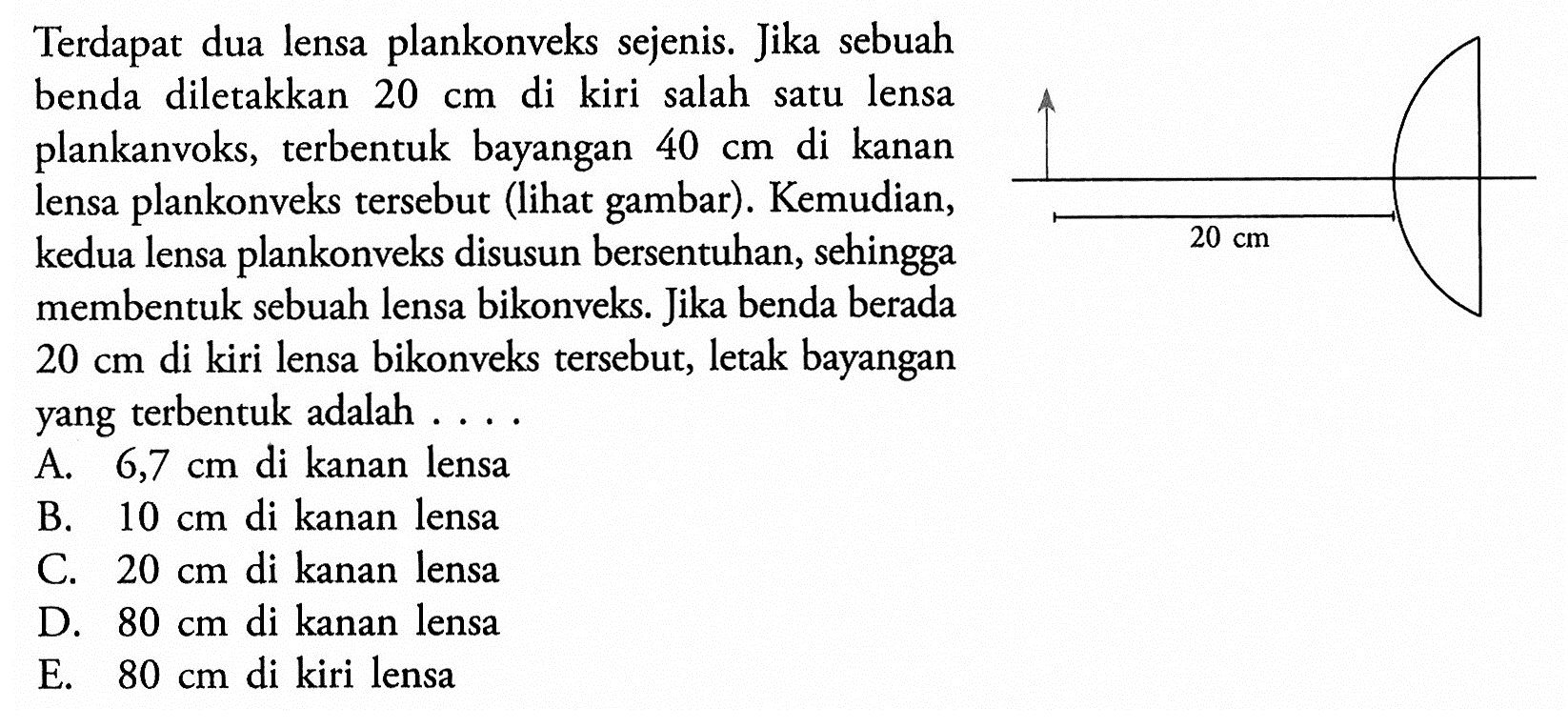 Terdapat dua lensa plankonveks sejenis. Jika sebuah benda diletakkan  20 cm  di kiri salah satu lensa plankanvoks, terbentuk bayangan  40 cm  di kanan lensa plankonveks tersebut (lihat gambar). Kemudian, kedua lensa plankonveks disusun bersentuhan, sehingga membentuk sebuah lensa bikonveks. Jika benda berada  20 cm  di kiri lensa bikonveks tersebut, letak bayangan yang terbentuk adalah .... 
A.  6,7 cm  di kanan lensa 
B.  10 cm  di kanan lensa 
C.  20 cm  di kanan lensa 
D.  80 cm  di kanan lensa 
E.  80 cm  di kiri lensa 