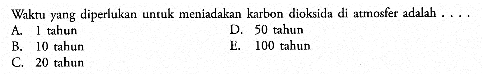 Waktu yang diperlukan untuk meniadakan karbon dioksida di atmosfer adalah ....