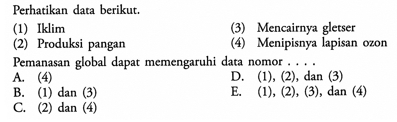 Perhatikan data berikut. (1) Iklim (3) Mencairnya gletser (2) Produksi pangan (4) Menipisnya lapisan ozon Pemanasan global dapat memengaruhi data nomor .... A. (4) D. (1), (2), (3) B. (1) dan (3) E. (1), (2), (3), dan (4) C. (2) dan (4) 