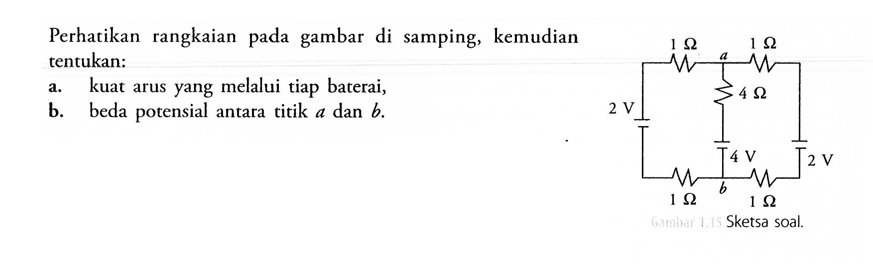 Perhatikan rangkaian pada gambar di samping, kemudian tentukan: a. kuat arus yang melalui tiap baterai,b. beda potensial antara titik A dan B 2 V 4 V 2 V 1 ohm 1 ohm 4 ohm 1 ohm 1 ohm Gambar 1.15 Sketsa soal.