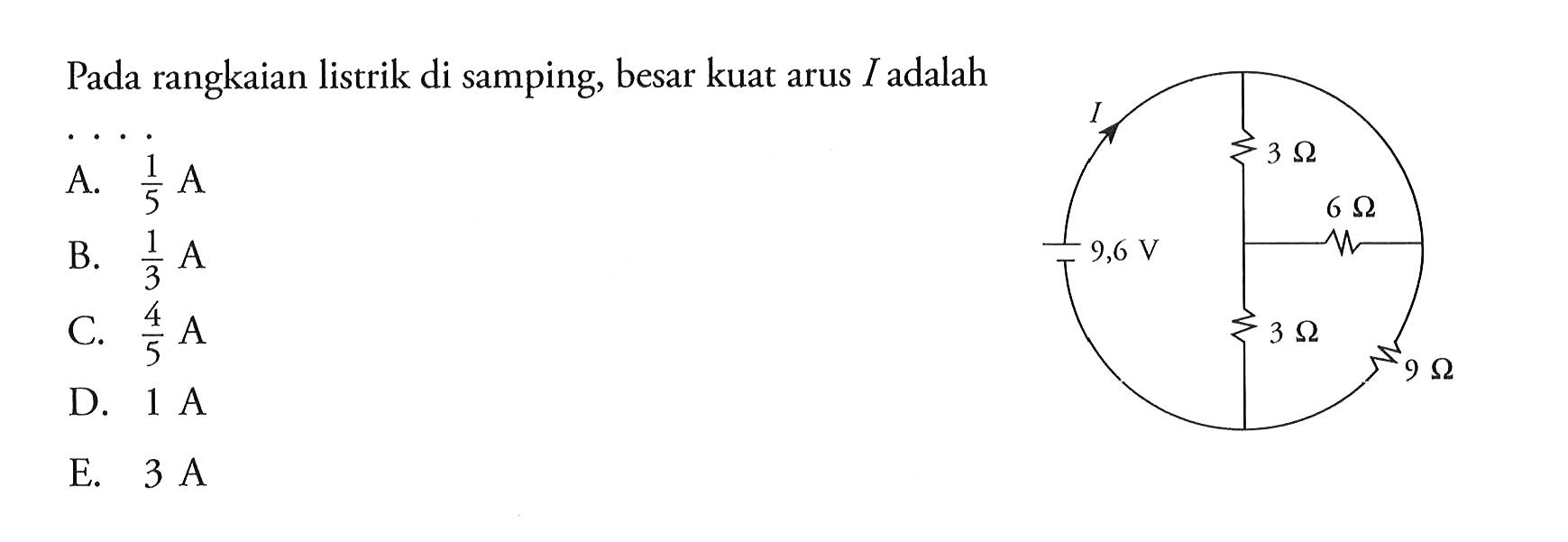 Pada rangkaian listrik di samping, besar kuat arus I adalah .... 3 Ohm 6 Ohm 9,6 V 3 Ohm 9 Ohm