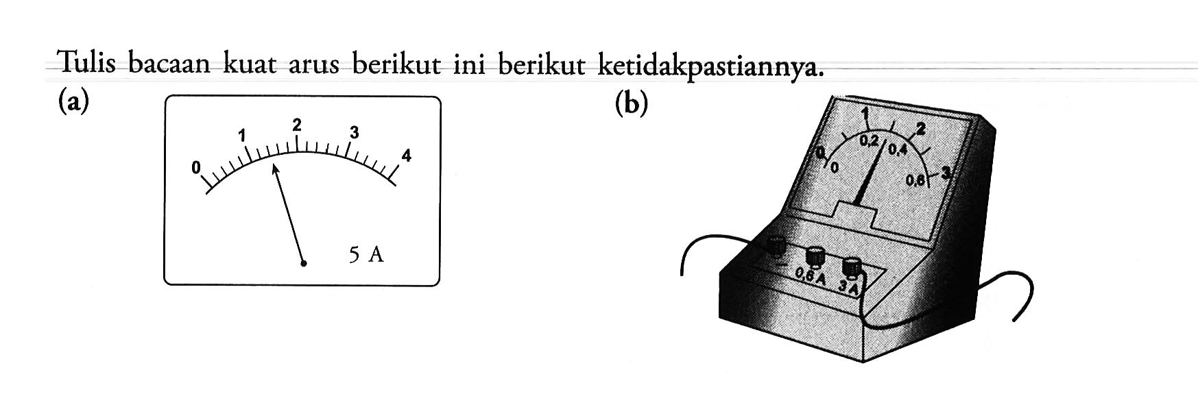 Tulis bacaan kuat arus berikut ini berikut ketidakpastiannya, (a) (b) 