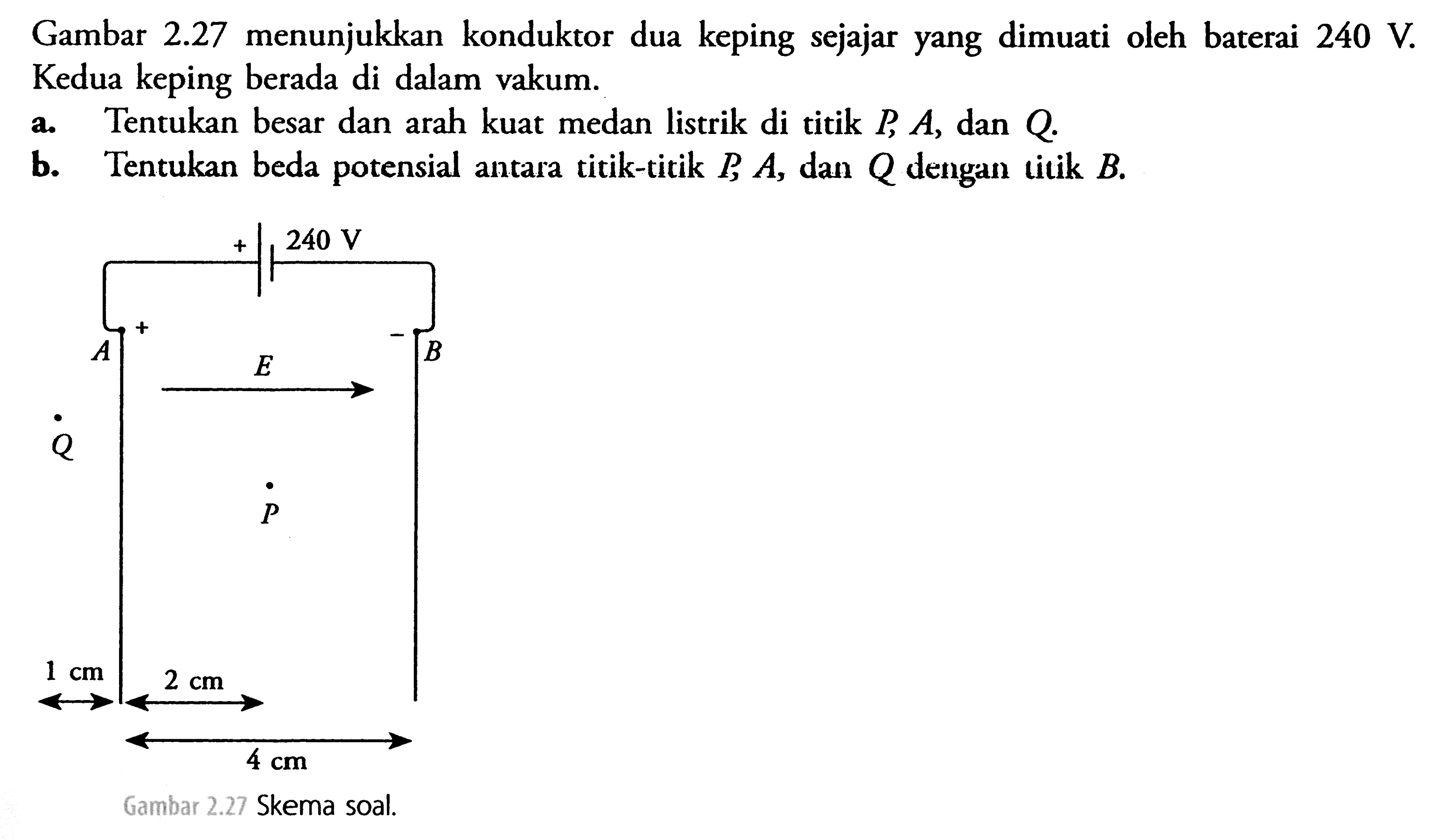 Gambar 2.27 menunjukkan konduktor dua keping sejajar yang dimuati oleh baterai 240 V Kedua keping berada di dalam vakum. A.Tentukan besar dan arah kuat medan listrik di titik P A, dan Q b. Tentukan beda potensial antara titik-titik B.A, dan ohmdengan litik B. 240 V E Q P cm 2 cm 4 cm Gambar 2.27 Skema soal.