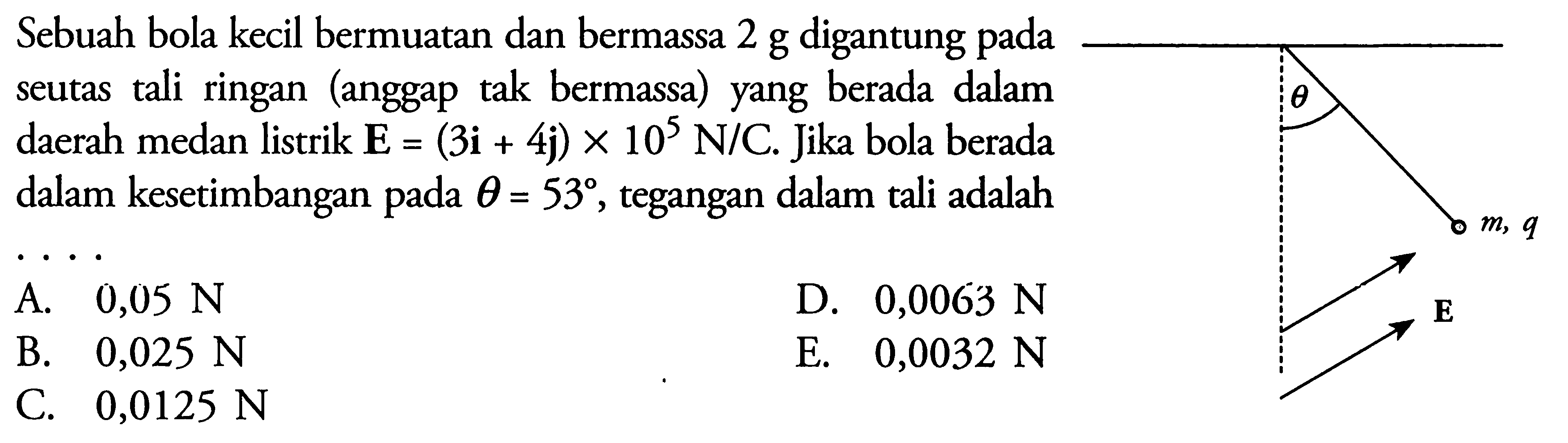 Sebuah bola kecil bermuatan dan bermassa 2 g digantung pada seutas tali ringan (anggap tak bermassa) yang berada dalam daerah medan listrik  E=(3i+4j) x 10^5 N/C. Jika bola berada dalam kesetimbangan pada theta=53, tegangan dalam tali adalah .... theta m, q E 