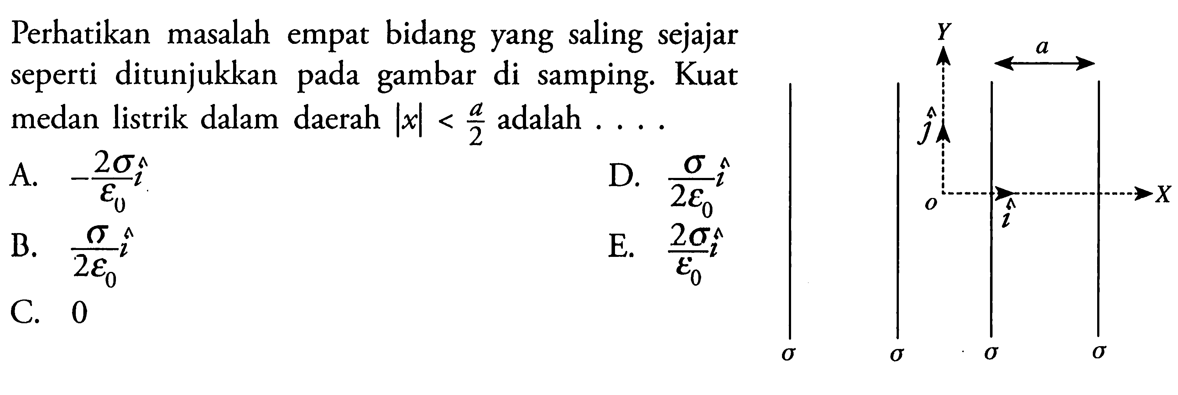 Perhatikan masalah empat bidang yang saling sejajar seperti ditunjukkan pada gambar di samping. Kuat medan listrik dalam daerah |x|<a/2  adalah.... A. -(2 sigma)/(epsilon0) i B. sigma/(2 epsilon0) i C. 0 D. sigma/(2 epsilon0) i E. (2 sigma)/(epsilon0) i 
