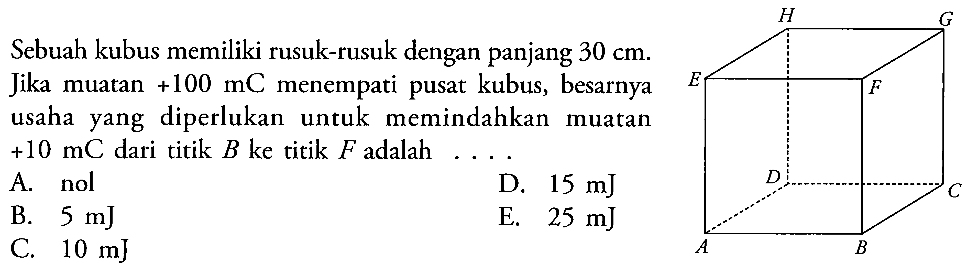 Sebuah kubus memiliki rusuk-rusuk dengan panjang 30 cm. Jika muatan +100 mC menempati pusat kubus, besarnya usaha yang diperlukan untuk memindahkan muatan +10 mC dari titik B ke titik F adalah H G E F D C A B