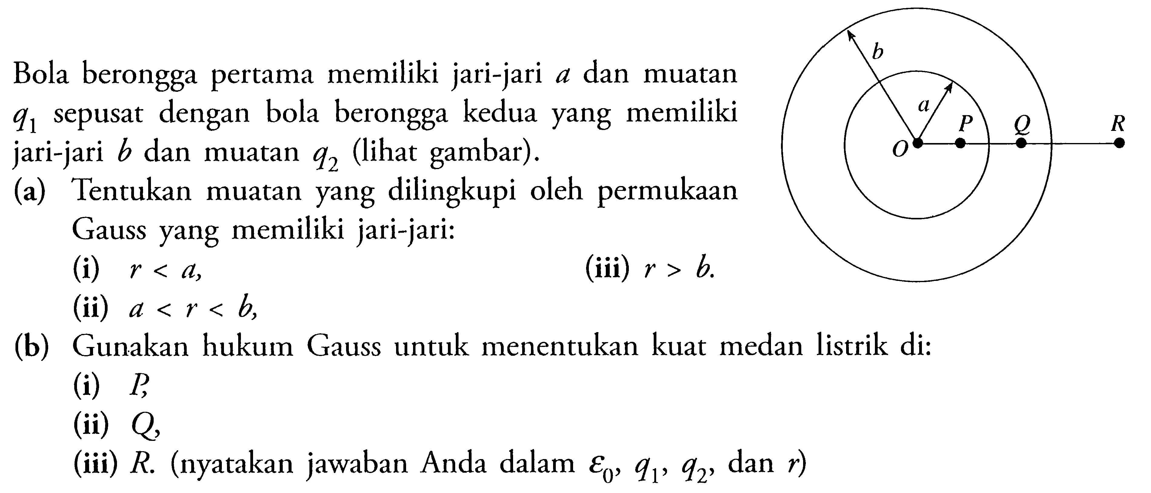 Bola berongga pertama memiliki jari-jari a dan muatan q1 sepusat dengan bola berongga kedua yang memiliki jari-jari b dan muatan q2 (lihat gambar). (a) Tentukan muatan yang dilingkupi oleh permukaan Gauss yang memiliki jari-jari: (i)  r<a, (ii) a<r<b, (iii) r>b. (b) Gunakan hukum Gauss untuk menentukan kuat medan listrik di: (i) P, (ii) Q, (iii) R. (nyatakan jawaban Anda dalam epsilon0, q1, q2, dan r) 