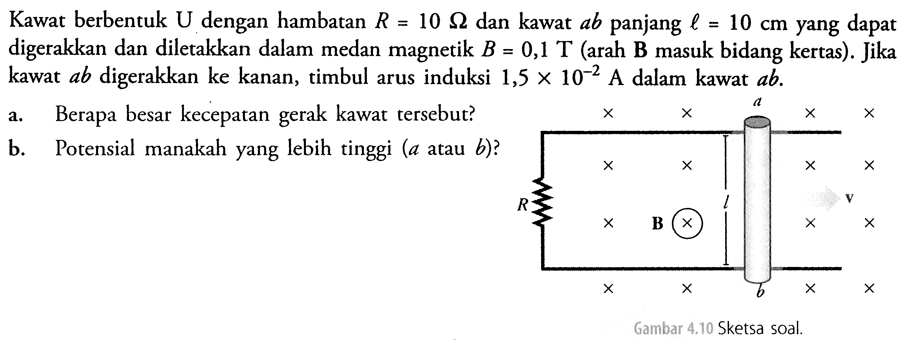 Kawat berbentuk U dengan hambatan R = 10 ohm dan kawat ab panjang l = 10 cm yang dapat digerakkan dan diletakkan dalam medan magnetik B= 0,1 T (arah B masuk bidang kertas). Jika kawat ab digerakkan ke kanan, timbul arus induksi 1,5 X 10^-2 A dalan kawat ab. a. Berapa besar kecepatan gerak kawat tersebut? b. Potensial manakah yang lebih tinggi (a atau b)? X B.Gambar 4.10 Sketsa soal.