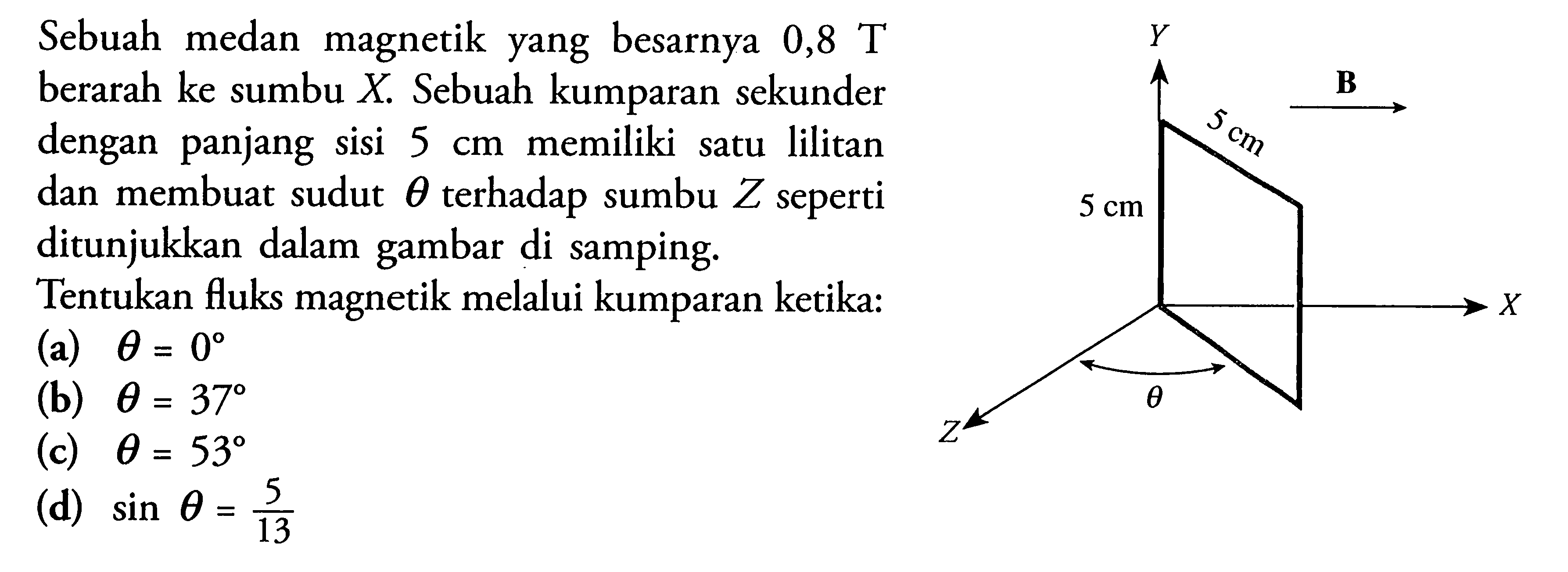 Sebuah medan magnetik yang besarnya 0,8 T berarah ke sumbu X. Sebuah kumparan sekunder dengan panjang sisi 5 cm memiliki satu lilitan dan membuat sudut theta terhadap sumbu Z seperti ditunjukkan dalam gambar di samping. Tentukan fluks magnetik melalui kumparan ketika: (a) theta = 0 (b) theta = 37 (c) theta = 53 (d) sin theta = 5/13