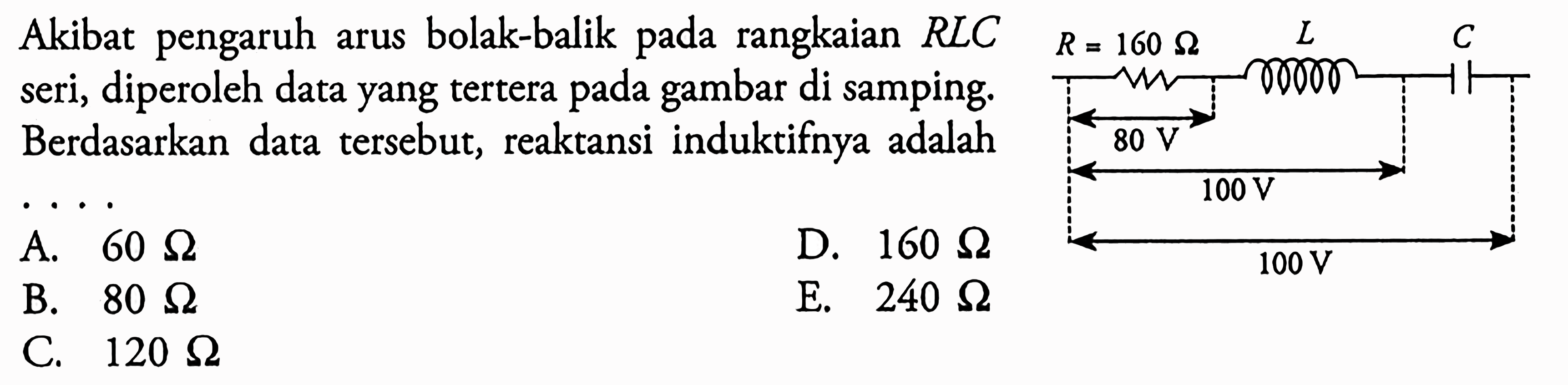 Akibat pengaruh arus bolak-balik rangkaian RLC seri, diperoleh data yang tertera pada gambar di samping. Berdasarkan data tersebut, reaktansi induktifnya adalah 80V 100V 100 V R= 160 ohm L C