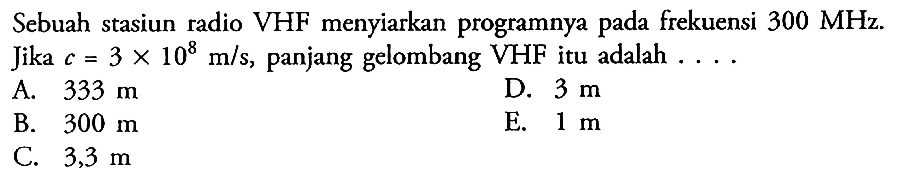 Sebuah stasiun radio VHF menyiarkan programnya pada frekuensi 300 MHz. Jika c = 3 x 10^8 m/s, panjang gelombang VHF itu adalah ...