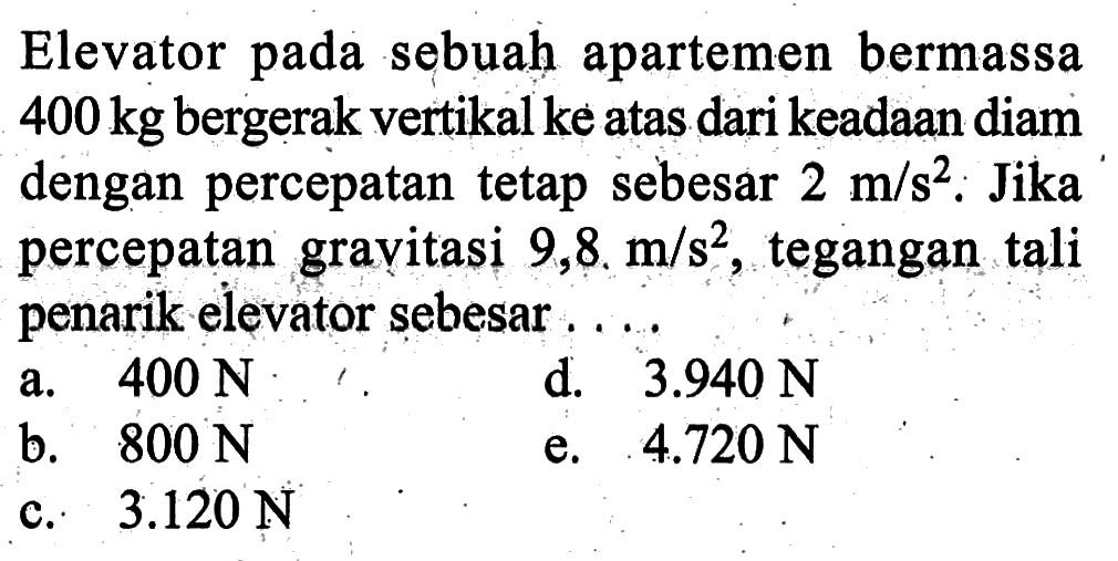 Elevator pada sebuah apartemen bermassa 400 kg bergerak vertikal ke atas dari keadaan diam dengan percepatan tetap sebesar 2 m/s^2. Jika percepatan gravitasi 9,8 m/s^2, tegangan tali penarik elevator sebesar ....