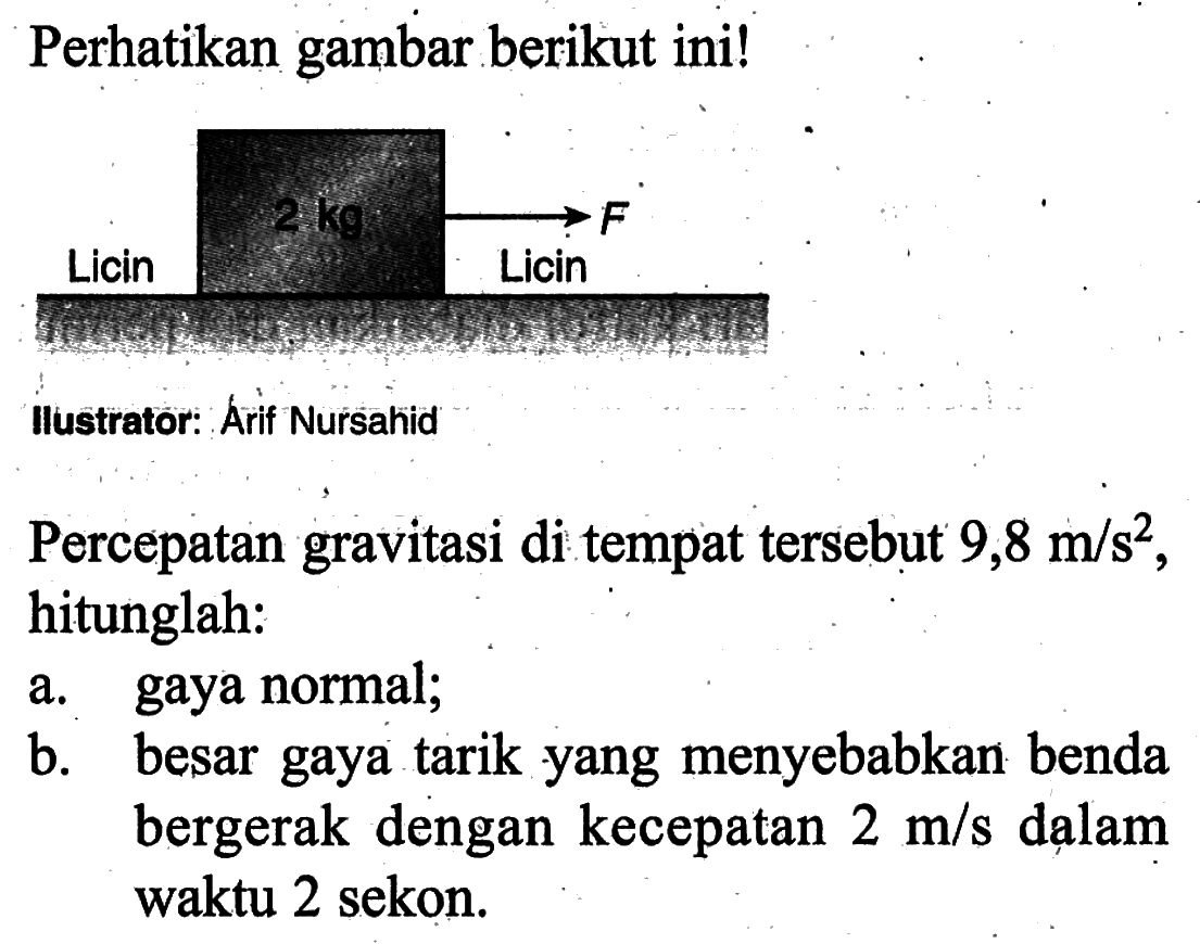 Perhatikan gambar berikut ini!llustrator: Arif NursahidPercepatan gravitasi di tempat tersebut  9,8 m/s^2 , hitunglah:a. gaya normal;b. besar gaya tarik yang menyebabkan benda bergerak dengan kecepatan  2 m/s  dalam waktu 2 sekon.