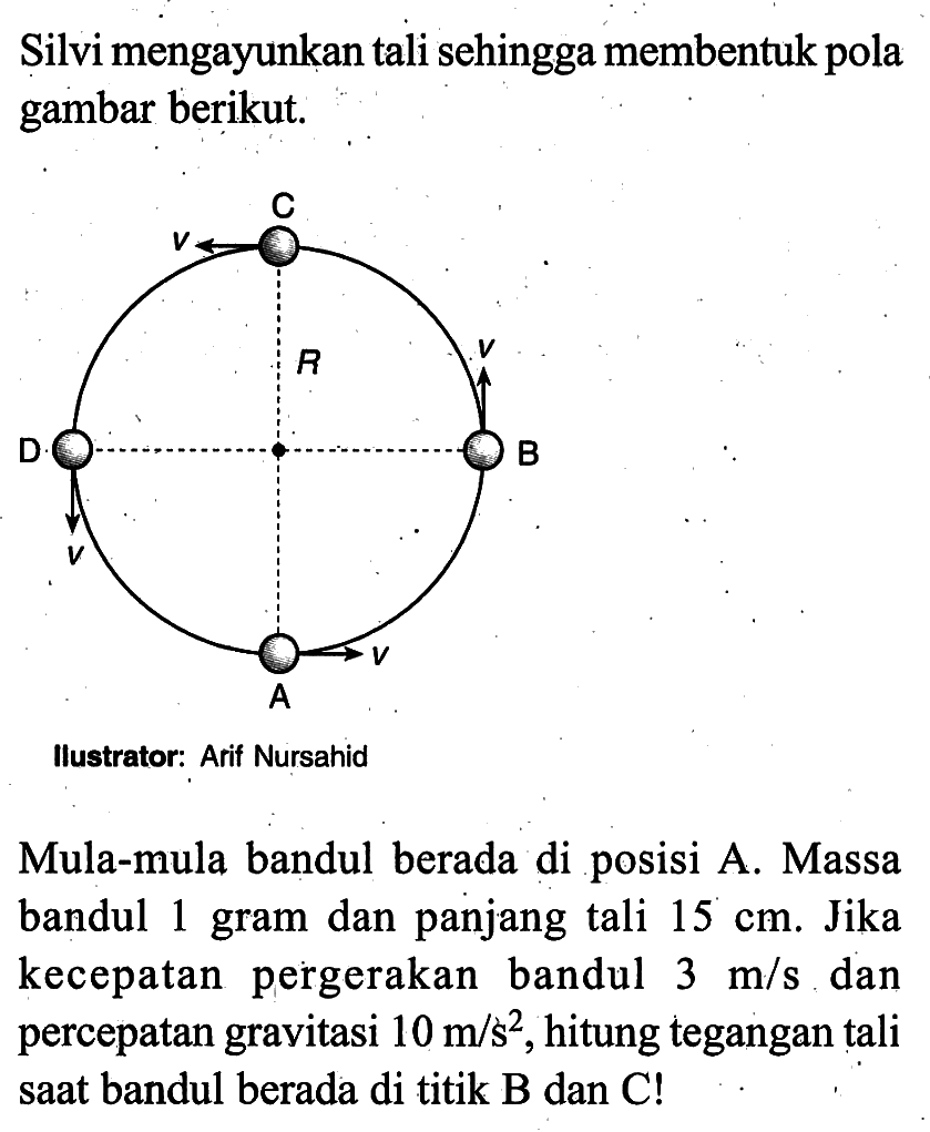 Silvi mengayunkan tali sehingga membentuk pola gambar berikut.Ilustrator: Arif NursahidMula-mula bandul berada di posisi A. Massa bandul 1 gram dan panjang tali  15 cm. Jika kecepatan pergerakan bandul  3 m/s  dan percepatan gravitasi  10 m/s^2, hitung tegangan tali saat bandul berada di titik B dan C!