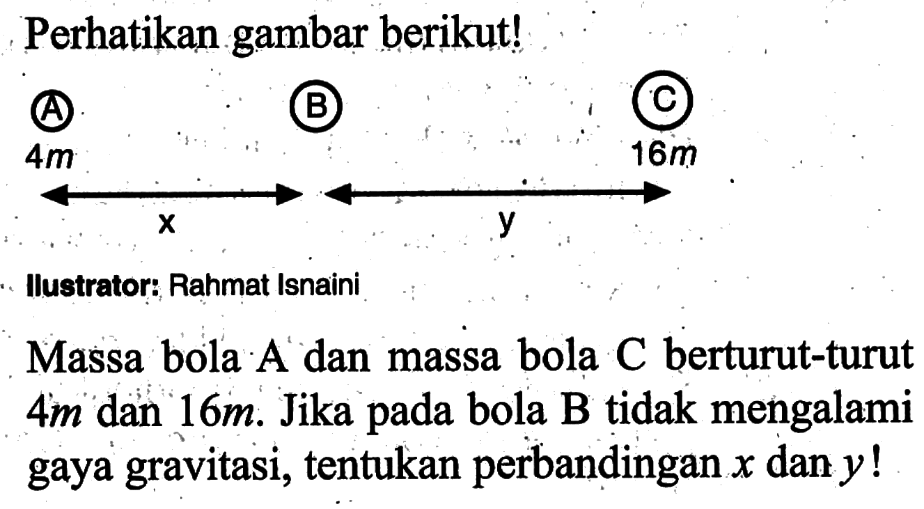 Perhatikan gambar berikut! x y 4 16 mIlustrator: Rahmat IsnainiMassa bola  A  dan massa bola  C  berturut-turut  4 m  dan  16 m . Jika pada bola B tidak mengalami gaya gravitasi, tentukan perbandingan  x  dan  y ! 