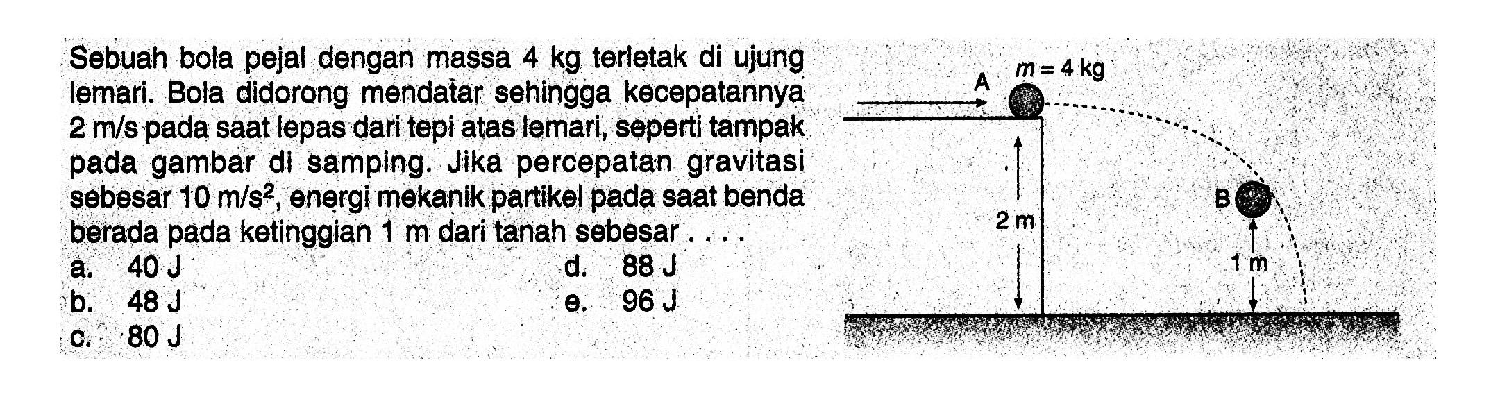 Sebuah bola pejal dengan massa 4 kg terletak di ujung lemari. Bola didorong mendatar sehingga kecepatannya 2 m/s pada saat lepas dari tepl atas lemari, seperti tampak pada gambar di samping. Jika percepatan gravitasi sebesar 10 m/s^2, energi mekanik partikel pada saat benda berada pada ketinggian 1 m dari tanah sebesar ...