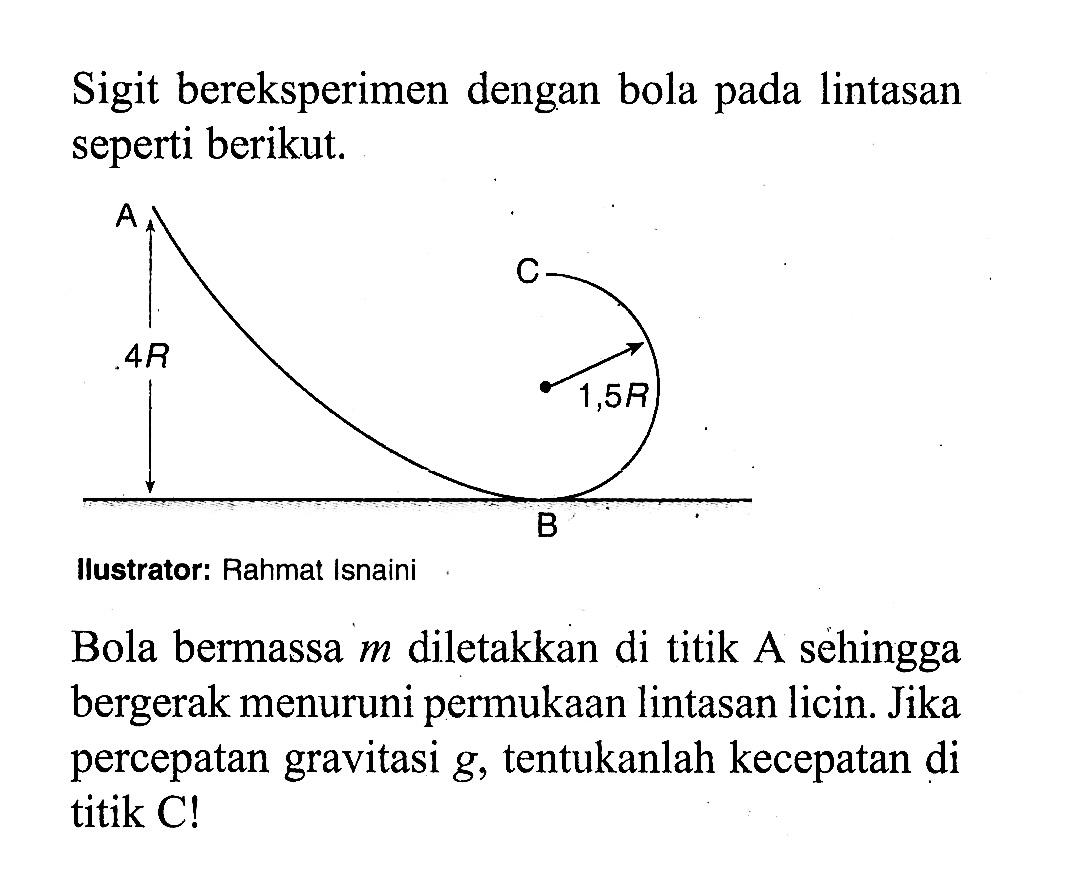 Sigit bereksperimen dengan bola pada lintasan seperti berikut. llustrator: Rahmat Isnaini Bola bermassa m diletakkan di titik A sehingga bergerak menuruni permukaan lintasan licin. Jika percepatan gravitasi g, tentukanlah kecepatan di titik C! 
