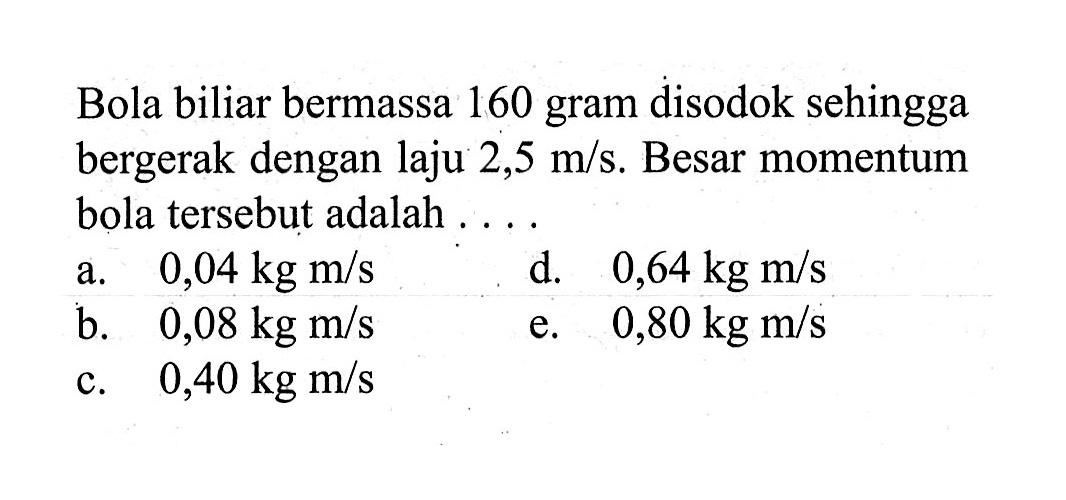 Bola biliar bermassa 160 gram disodok sehingga bergerak dengan laju 2,5 m/s. Besar momentum bola tersebut adalah ....