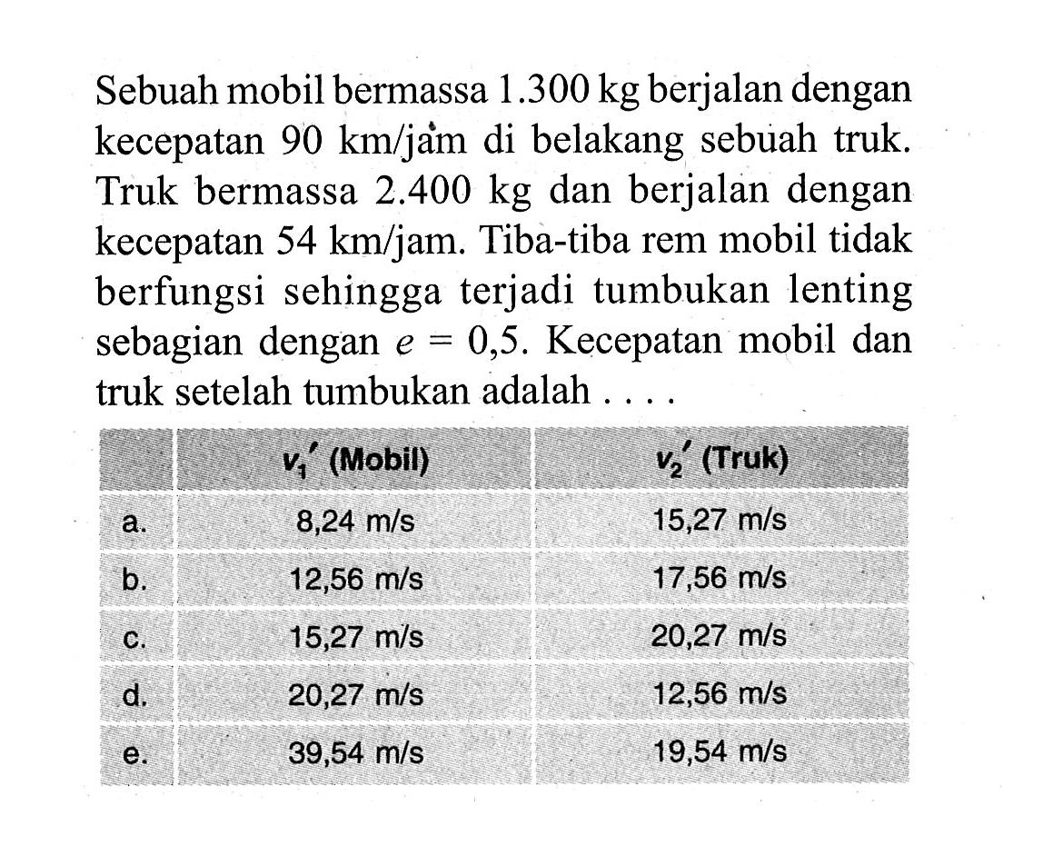 Sebuah mobil bermassa  1.300 kg  berjalan dengan kecepatan  90 km /  jam di belakang sebuah truk. Truk bermassa  2.400 kg  dan berjalan dengan kecepatan  54 km/jam . Tiba-tiba rem mobil tidak berfungsi sehingga terjadi tumbukan lenting sebagian dengan  e=0,5 . Kecepatan mobil dan truk setelah tumbukan adalah ....   v1'  (Mobil)   v2'  (Truk)  a.   8,24 m/s    15,27 m/s  b.   12,56 m/s    17,56 m/s  c.   15,27 m/s    20,27 m/s  d.   20,27 m/s    12,56 m/s  e.   39,54 m/s    19,54 m/s  