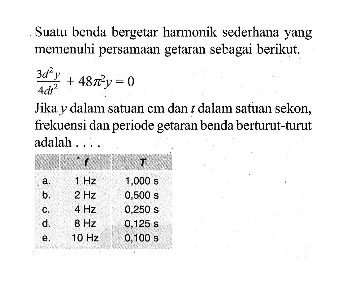 Suatu benda bergetar harmonik sederhana yang memenuhi persamaan getaran sebagai berikut.(3d^2y)/(4dt^2) + 48pi^2y=0Jika y dalam satuan cm dan t dalam satuan sekon, frekuensi dan periode getaran benda berturut-turut adalah ....