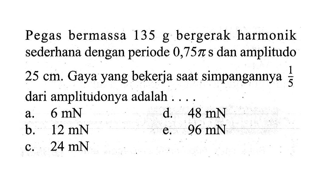 Pegas bermassa  135 g  bergerak harmonik sederhana dengan periode 0,75 pi s dan amplitudo 25 cm. Gaya yang bekerja saat simpangannya 1/5 dari amplitudonya adalah... .